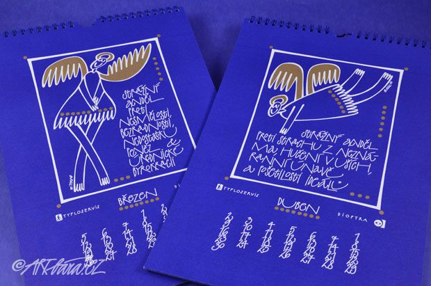 originální autorský nástěnný kalendář 2007 pro Dioptru a Tyfloservis – návrh, text, ilustrace a ručně psané písmo v tisku